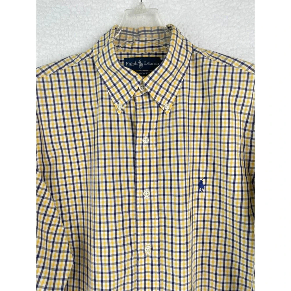 Polo Ralph Lauren Mens Custom Fit Gingham Shirt Yellow Navy Blue 16 L Long Sleev